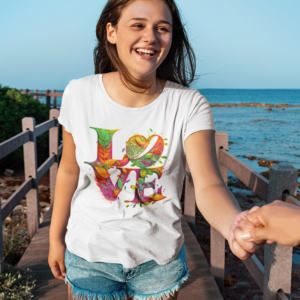 T-shirt featuring vibrant floral word art with the term 'Love,' designed through AI-created artistic expression, showcasing colourful and creative imagery.