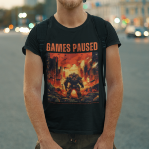 Cool gaming t-shirt with a unique AI-designed graphic and a playful slogan.