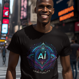 Inspirational AI Spirituality T-Shirt titled 'A New Age of Enlightenment' for those exploring the fusion of technology and spirituality.