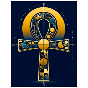 AI-generated art depicting an Ankh with a sun deity, designed using the golden ratio.