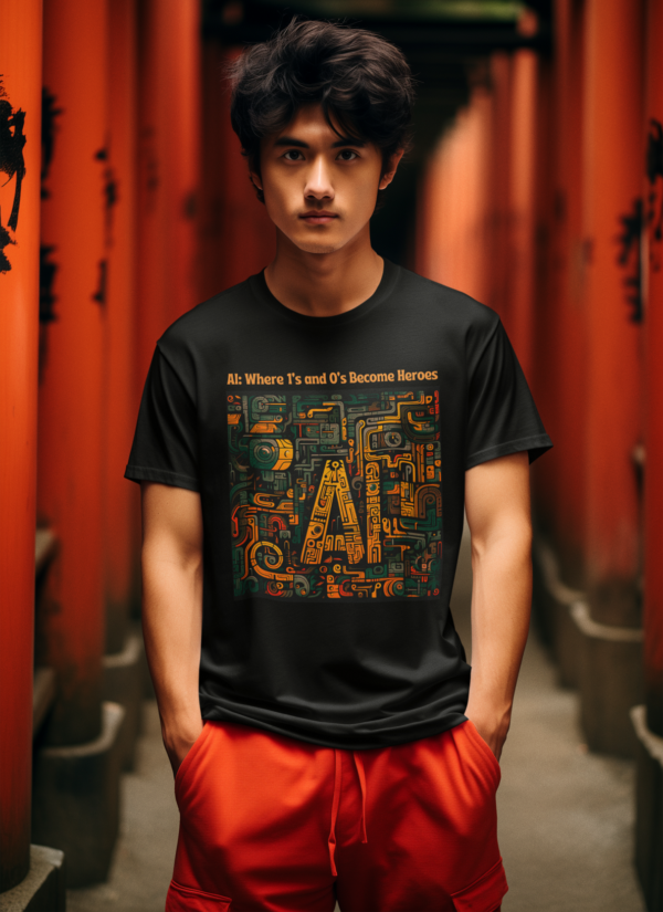 T-shirt featuring the slogan 'AI: Where 1s and 0s Become Heroes,' part of an AI Programmer Quotes series, celebrating the transformative power of coding in AI.